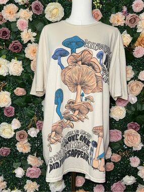 Urban Outfitters Cream Oversized Graphic Tee with Blue and Brown Mushroom Print